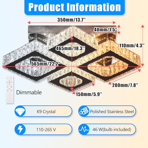 22" Square 4 Light Flush Mount Chandelier Ceiling Light Dimmable remote
