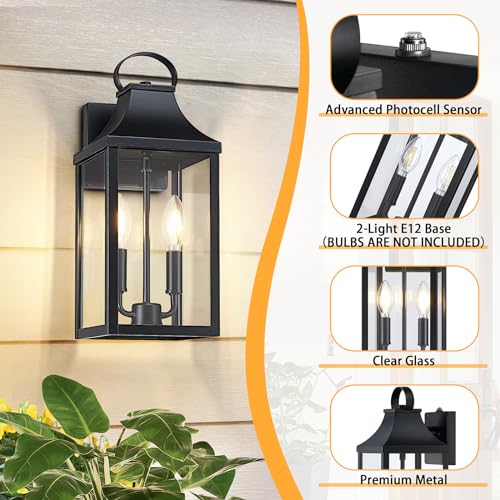 15" Dusk to Dawn Black Outdoor Wall Lantern with E12 Socket