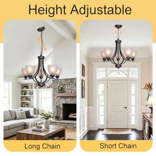 5 Light Shaded Contemporary Chandeliers with Alabaster Glass Oil Rubbed Bronze Modern Light Fixtures Ceiling Hanging Rustic Pendant Lighting for Dining Room Foyer Bedroom Living Room