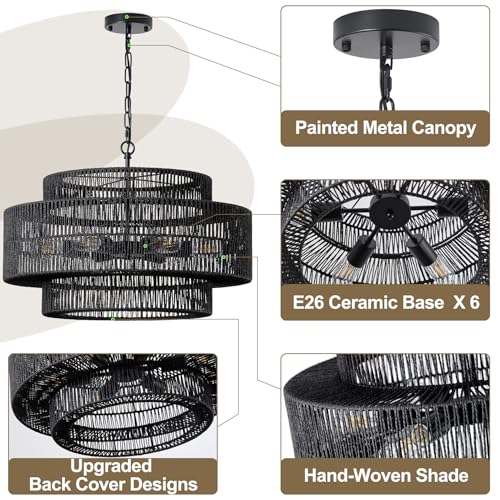 23.6" Black Large Boho Rattan Chandelier Light Fixture