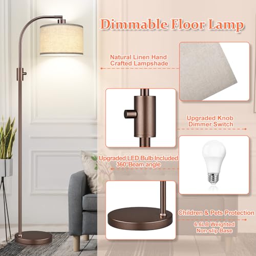 Upgraded Modern Arc Dimmable Tall Standing Floor Lamp with Linen Shade