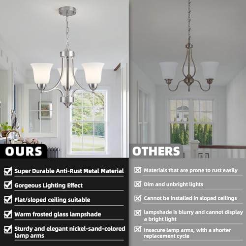 3 Lights Farmhouse Chandelier Brushed Nickel Modern Dining Room Light Fixture Silver Adjustable Ceiling Hanging Pendent Lighting with Frosted Glass for Kitchen Island