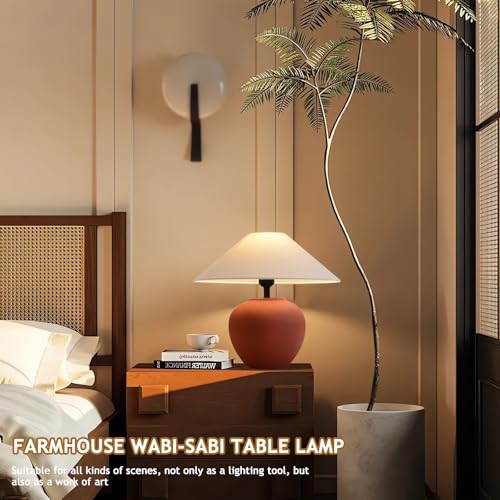 Farmhouse Table Lamp Red 18.8" Ceramic Table Lamp Southwestern Natural Red Clay Pot Lampbody with Beige Linen Shade Nightstand Lamp for Bedroom Living Room Entryway