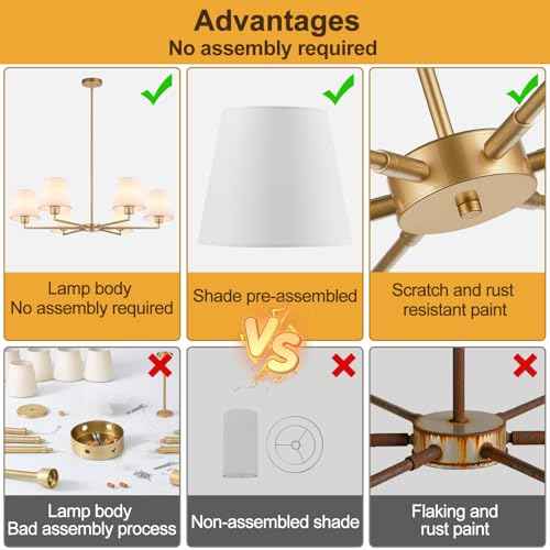 Brass Gold Chandeliers for Dining Room, 36" 6 Light No Assembly Required Antique Modern Gold Chandelier Light Fixture with White Fabric Shade, Classic Kitchen Pendant Lights over Table for Bedroom