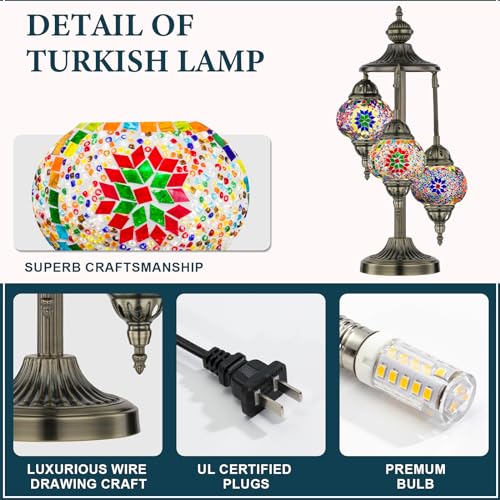 23" Turkish Mosaic Lamp Handmade 3 Globes Moroccan Table Lamp (3 Count)