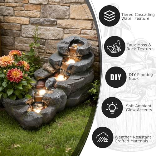 38.2" L Garden Water Fountain Outdoor Waterfall with LED Light