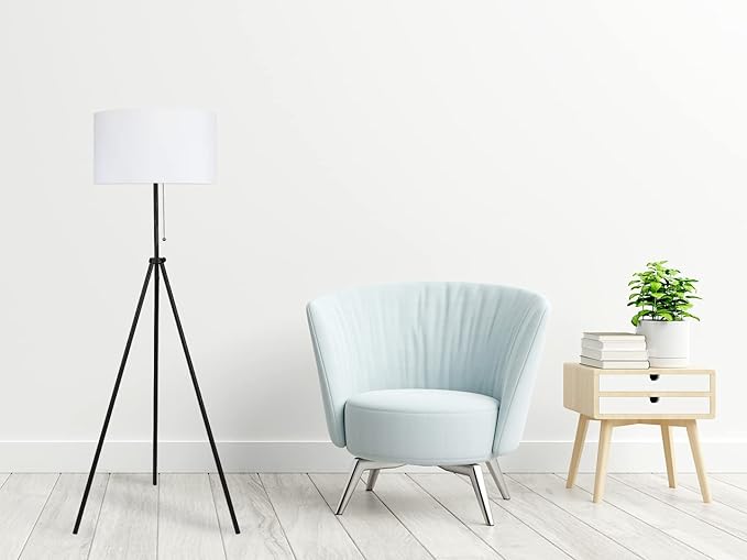 O’Bright Tripod Floor Lamp, Adjustable in Height, 100% Metal Body with Linen Drum Shade, E26 Socket, Bedside Lamp, Standing Light for Living Room, Bedroom, Office, Black