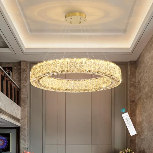 32 Inch Chandelier Glam Dimmable LED Crystal Chandeliers Luxury Round Pendant Lighting Fixtures for Dining Room Bedrooms Gold