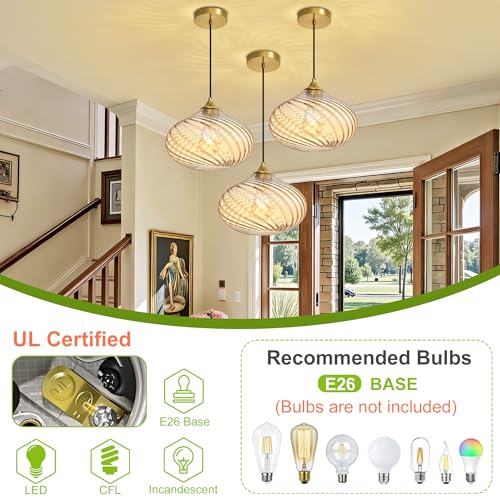 11in Gold Pendant Lights Kitchen Island with Amber Glass Shade 1Pack