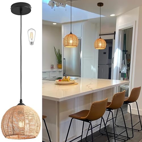 Mini Hemp Rope Woven Pendant Light Woven Light Fixture Boho Chandelier Light Fixture Wicker Pendant Light Rattan Light Pendant Dome Wicker Chandelier for Bedroom Kitchen Island
