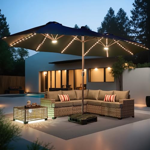 15ft Large Patio Umbrellas with Base & Solar Lights