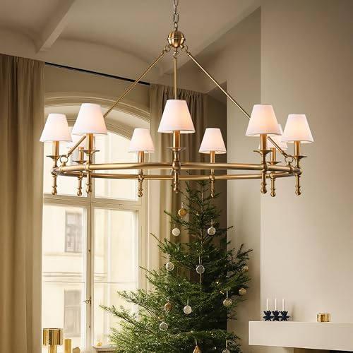 9 Lights W47 inch Vintage Brass and White Pleated Fabric Chandeliers for Dining Room Mid Century Modern Large Round Chandeliers Classic Wagon Wheel Pendant Light for Living Room