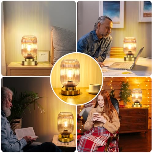 Mid Century Modern Table Lamp with Amber Ribbed Glass Shade
