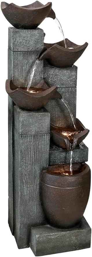 SunJet 39.7” Indoor/Outdoor Garden Water Fountain with Led Lights, 5-Tiers Modern Floor-Standing Cascading Water Feature for Home Deck, Patio, Porch, Yard Decor