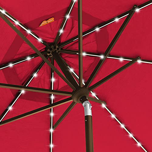 USA 10-Year-Non-Fading 9ft 3-Tier Market Patio Umbrella, Commercial Table Umbrella with 80 Solar LED Lights, Crank Open, Windproof & UPF 50+ UV Protection for Garden, Deck, Pool, Backyard, Logo Red