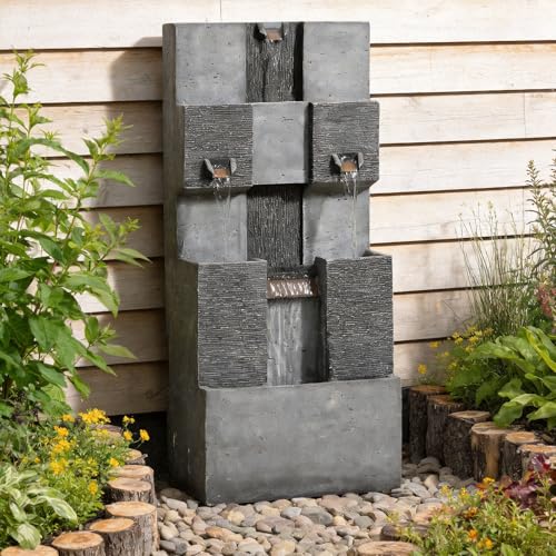 48" Modern Grid Outdoor Water Fountain with Led Light