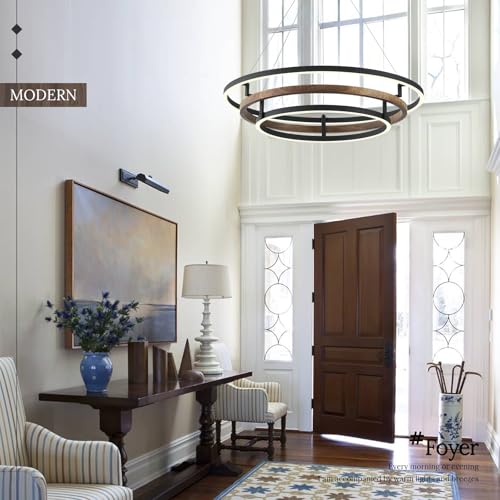 3 Ring LED Chandelier Modern Chandeliers Walnut Wood Black Dimmable 31''