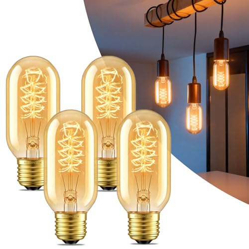 T45 Edison Bulbs 40 Watt Vintage Edison Light Bulbs Dimmable E26 Base Antique Filament Light Bulbs Amber Glass 2200K Warm White 110 (4 Count)