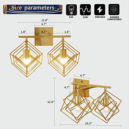 Bathroom Vanity Light with 2 Bulbs Bathroom Light Fixtures Over Mirror with Rotatable 2 Cube Shades Modern Wall Mounted Brushed Brass