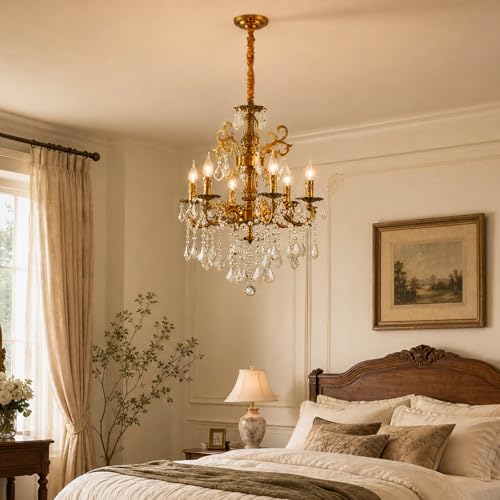 Vintage 6 Arms Crystal Chandelier Candle Light Fixture for Dining Room Living Room Bedroom Hallway Entryway Antique Gold Finish