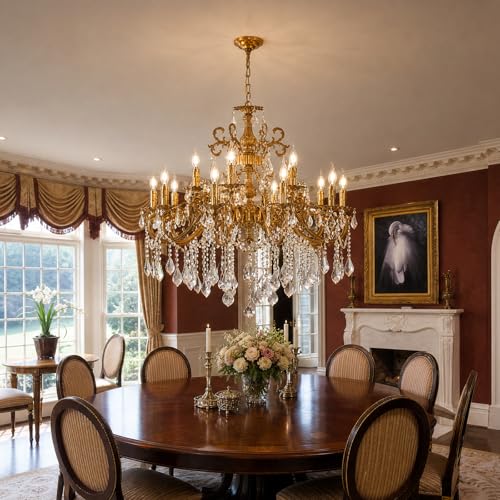 Vintage 10 Arms Crystal Chandelier Candle Light Fixture for Dining Room Living Room Bedroom Hallway Entryway Antique Gold Finish