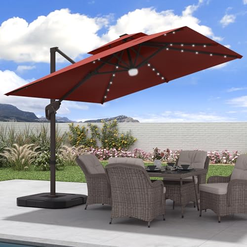 9x9 FT Cantilever Offset Patio Umbrella with Lights & Base
