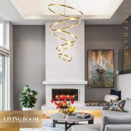 Gold Modern LED Chandeliers 5 Rings Chandelier for High Ceiling 31" Large Foyer Chandelier Entryway Dimmable Pendant Light Fixture for Living Room Staircase (5 Count)