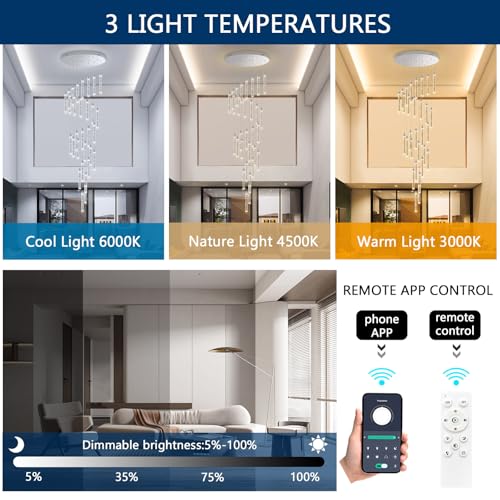 30 Light 197'' High Ceiling Chandeliers Modern Crystal Chandeliers for Entryway Long Spiral LED Dimmable Chandelier Flush Mount Ceiling Staircase Foyer Living Room Sloped ceilings Light Fixture