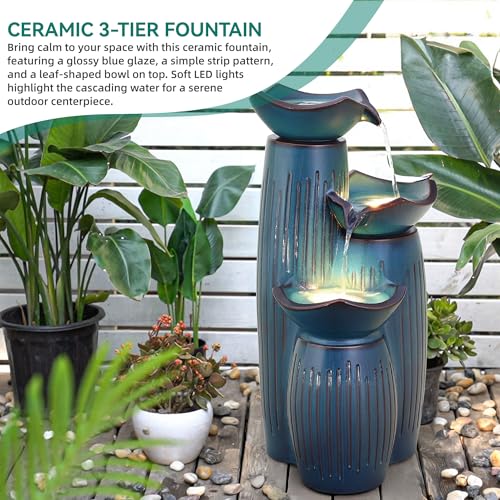 30" Ceramic Outdoor Water Fountain with LED Lights
