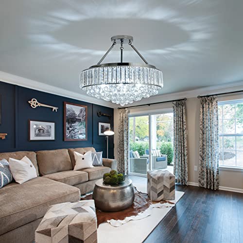 6 Light Modern Large Round Crystal Chandelier Chrome Semi Flush Mount Ceiling Light Fixtures E26 Ceiling Lamp for Dining Room Living Room Laundry Room Foyer Kitchen Balcony Bedroom