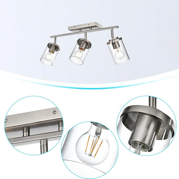 BONLICHT Modern Semi-Flush Mount Ceiling Light 3-Light Adjustable Ceiling Spotlight Brushed Nickel Kitchen Track Lighting Fixtures Industrial Wall Vanity Light Fixture with Clear Glass Shade - Aura Lighting