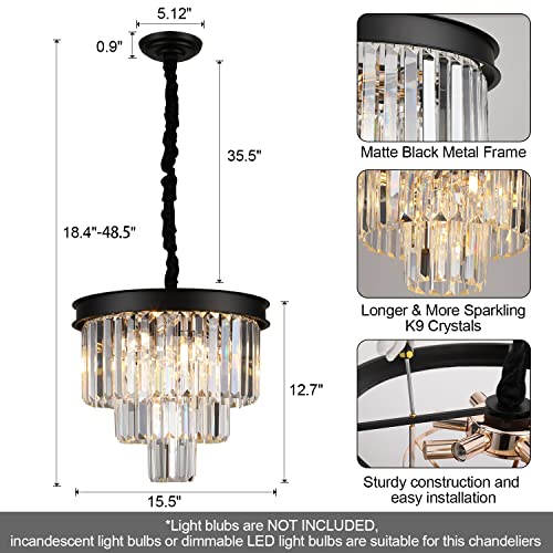 Small Black Crystal Chandelier 16” Modern Dining Room Pendant Light island