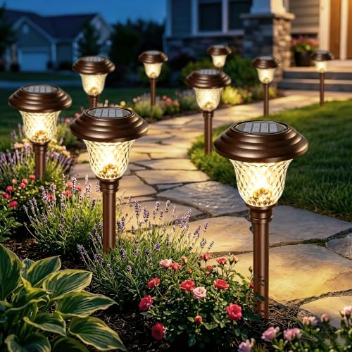 8 Pack Solar Pathway Lights Outdoor Solar Powered Waterproof Glass Christmas Gift High Lumen for Garden Landscape Path Yard Walkway Driveway White Color Changing Bronze (8 Count)