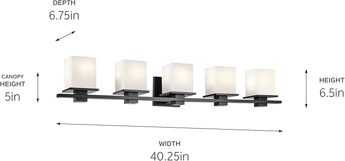 Tully 40.25" 5-Light Vanity Light with Satin Etched Cased Opal Glass in Black for Over a Vanity, Soft Modern Style, (40.25" x 6.5" x 7"), 45193BK