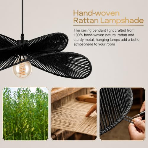 22.8" Large Rattan Pendant Light (Black)