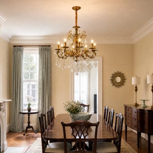 Vintage 8 Arms Crystal Chandelier Candle Light Fixture for Dining Room Living Room Bedroom Hallway Entryway Antique Gold Finish