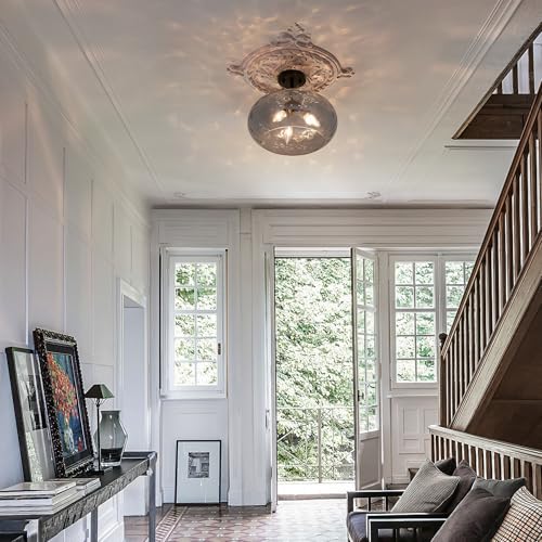 Matte Black Semi Flush Mount Ceiling Fixture Large Smoked Hammered Glass Shade Modern Close to Ceiling Light 14" Art Lampshade for Hallway Foyer Bedroom