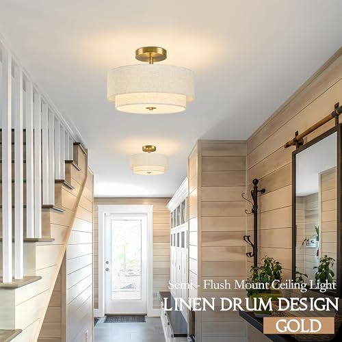 2 Light Semi Flush Mount Ceiling Light Fixture 12.6 Inch Modern Gold Drum Lights Fixture with 2
