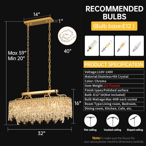 32" 10 Light Modern Oval Gold Crystal Chandeliers for Dining Room