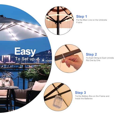 Patio Umbrella Lights Cordless 120 LED Table Umbrella Lights with Remote Control Battery Operated Waterproof Parasol String Lights for 7