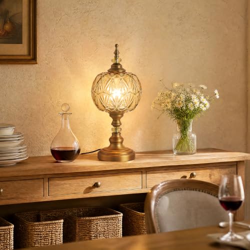 Vintage Amber Glass Table Lamps Brass Metal Desk Lamp Lampshade 8.3inch Table Light with Plug Switch for Bedroom Living Room Dressing Room