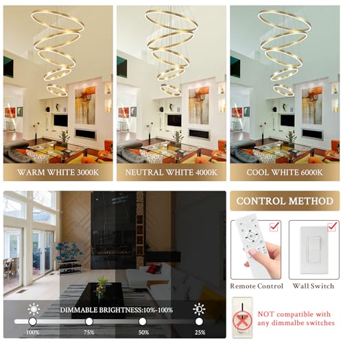 Gold Modern LED Chandeliers 5 Rings Chandelier for High Ceiling 31" Large Foyer Chandelier Entryway Dimmable Pendant Light Fixture for Living Room Staircase (5 Count)