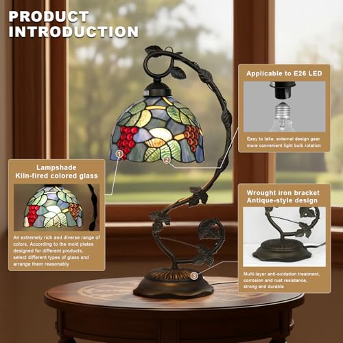 Tiffany Style Table Lamp Tulip Style Stained Glass Desk Light 8x10x21 Inch Bronze Metal Leaf Base Vintage Art Deco Desk Lamp for Bedroom