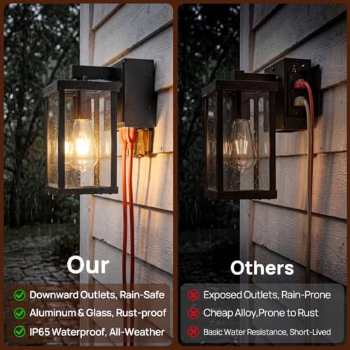Porch Lights with GFCI Outlets Dusk to Dawn Outdoor Wall Lights Waterproof Exterior Lighting Fixtures Modern Outside Lights Wall Mount for House Patio Garage (2 Count)