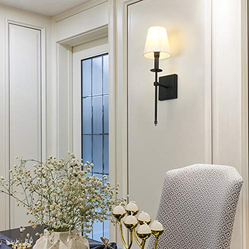 Set of 2 Classic Rustic Industrial Wall Sconce Lighting Fixture with Flared White Textile Lamp Shade and Black Tapered Column Stand (2 Count)
