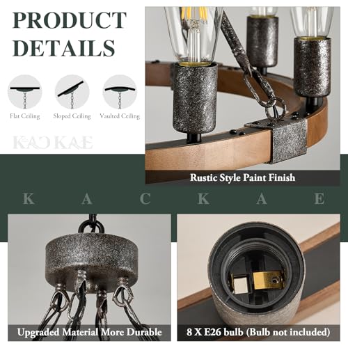 Farmhouse Wagon Wheel Chandelier 23.6" Oak Wood Chandelier Light Fixture 8
