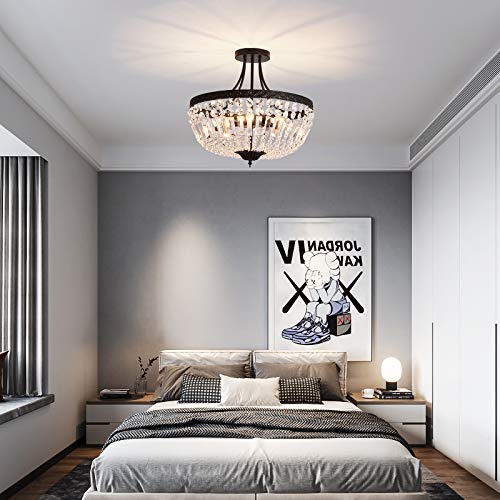 5 Light E12 Round Crystal Ceiling Light Fixture Modern Semi Flush Mount Chandelier Ceiling Lamp for Living Room Dining Room Entryway Hallway Foyer Bedroom Laundry Bathroom（Black）