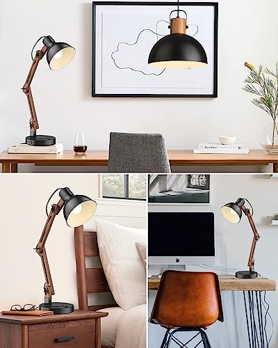Modern Sapele Wood Desk Lamp with Upgraded Wireless Charger & USB C Charging Port Swing Arm Table Lamp Bedside Reading Task Light for Dorm Office Bedroom Living Room LED Bulb Included Black