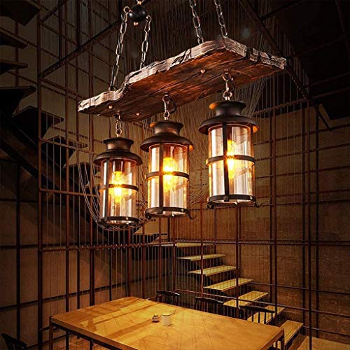 Wood Retro Pendant Lighting Industrial Vintage Chandelier Black Metal Bedroom Restaurant Suspension Lamp Cage Frame with Glass Shade House Loft Bar Coffee Decoration Ceiling Lights Fitting