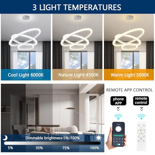 Modern LED Chandelier 3 Ring Chandelier for Dining Room Living Room Pendant Lighting High Ceiling Hanging Light Fixture for Bedroom Foyer Silver